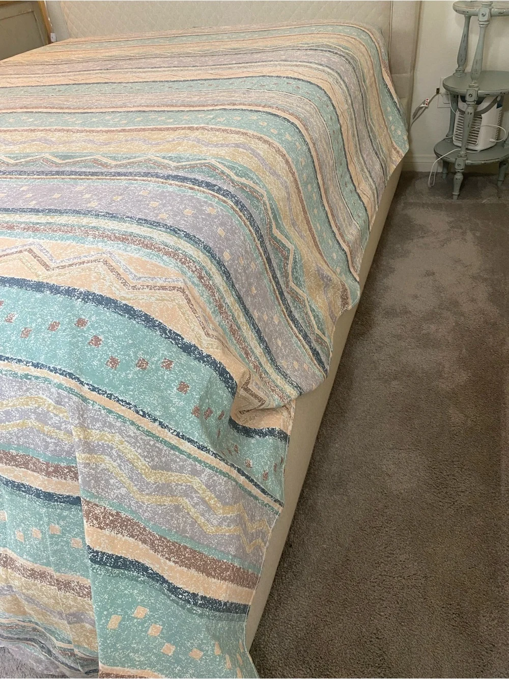 Southwest style Vintage Flat sheet Teal , lavender, tan beige
